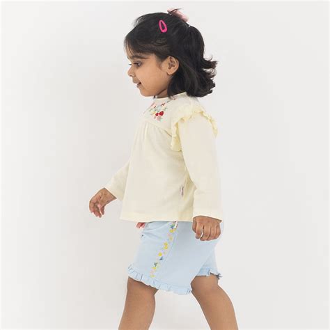 100% Cotton Full Sleeve Girl Top & Shorts Off, white - Blue – haus & kinder