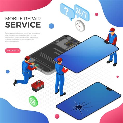 Mobile phone repair service with people in uniform repair broken ...
