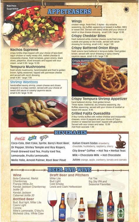 Menu for Montana Jack's in Missoula, Montana, United States