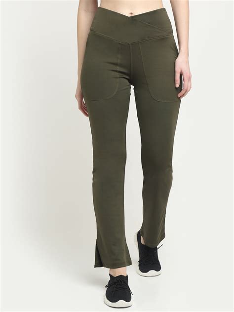 Deep Sage Crossover Pocket Slit Hem Flare Leggings