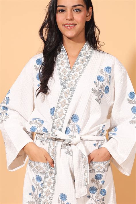 Block Print Waffle Cotton Bath Robe - Blue Floral | Kari by Kriti