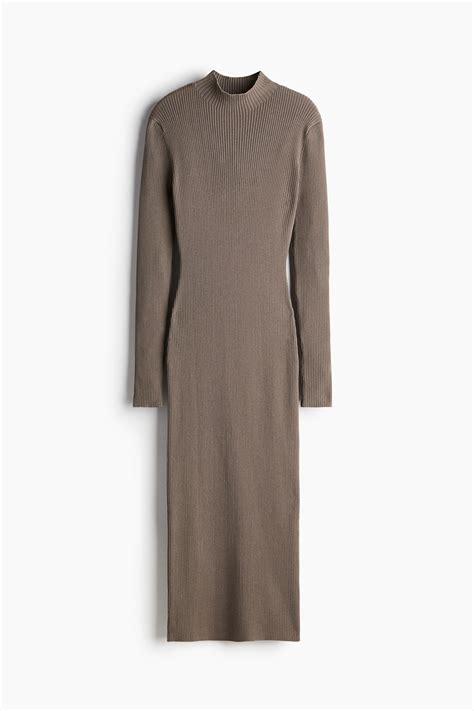 Rib-Knit Mock Turtleneck Dress - Taupe - Ladies | H&M US