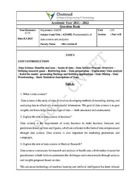 Question Bank for AD3492: Data Science & Analytics - Unit I & II - Studocu