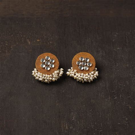 Orange Ishika Fabart Earrings with Kundan & Beads