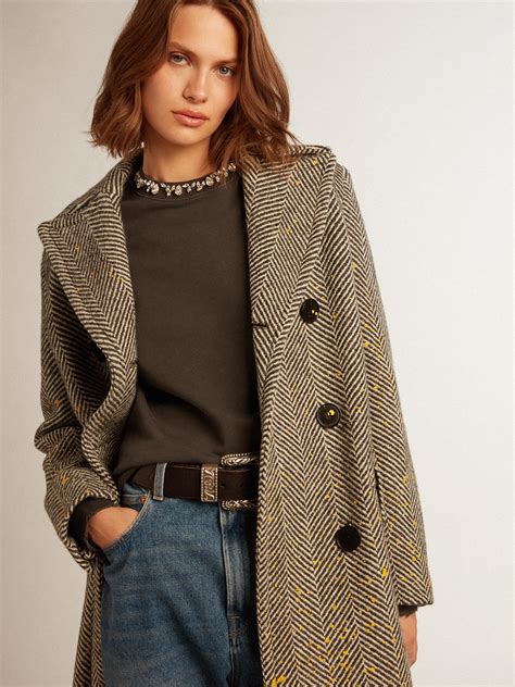Women's long herringbone coat with yellow details | Golden Goose