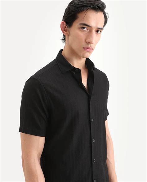 Rare Rabbit Men's Volda Black Cotton Fabric Half Sleeve Spread Collar