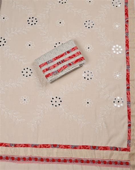 Peach Block Printed Cotton Suit with Embroidred Mirror Work Dupatta ...