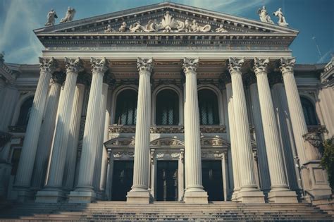 An arched neoclassical building with hanging PTT banners