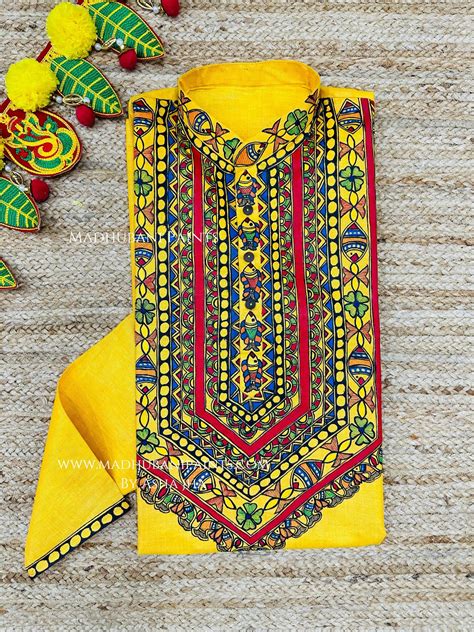 Yellow Surmai Kamal Hand-painted Madhubani Men's Cotton Kurta ...