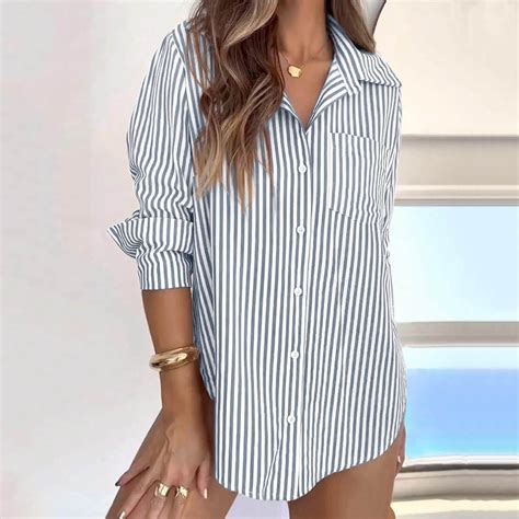 Karight Striped Button Down Shirts for Women Dress Shirts Long Sleeve ...