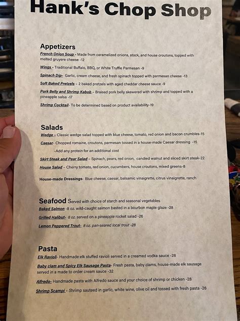 Menu at Hanks Chop Shop pub & bar, West Yellowstone