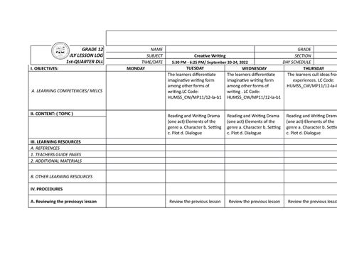 Image result for Grade 7 12 Daily Lesson Log