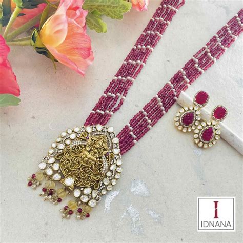 GOLD PLATED MAA LAKSHMI MOISSANITE CZ NECKLACE SET BEADED WITH RUBY AN ...