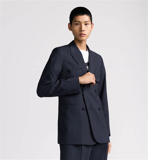 Double-Breasted Jacket with Buttoned Strap Navy Blue Virgin Wool Blend | DIOR