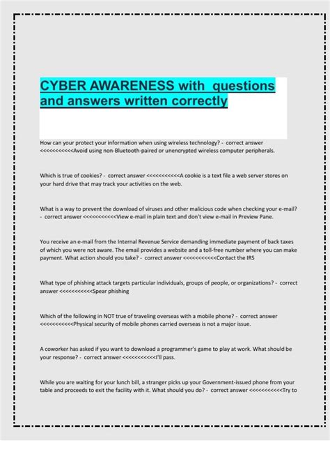 Cyber Awareness Test 2025/2026 with Verified Questions and Correct ...