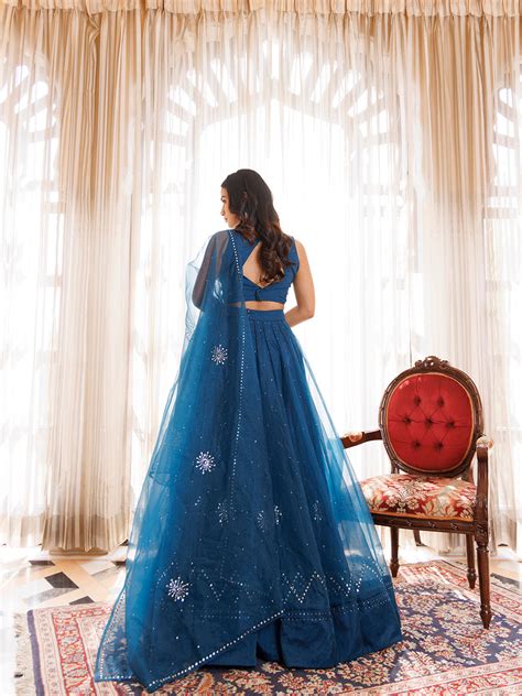 Mosaic Blue Organza Mukaish Work Lehenga Set – Ragavi