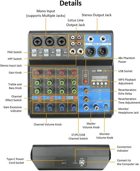 Buy Mini DJ mixer Sound Board Console System, 5 Channel 48V Phantom ...