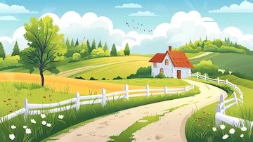 A cartoon illustration of a beautiful countryside scene with a winding ...