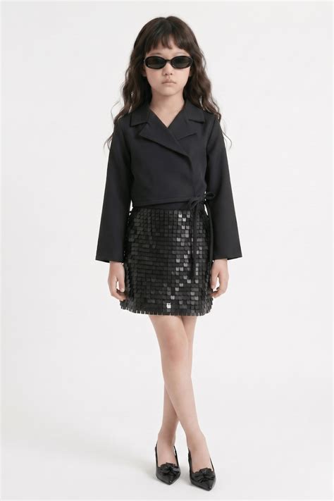 Woven Full sleeves Wrap tie up Detail Crop Blazer and Sequin Skirt Set ...
