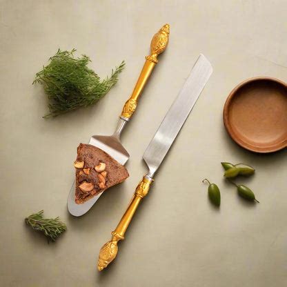 Stainless Steel Cake Knife & Server Set with Gold Finish Handle – Ikkasa