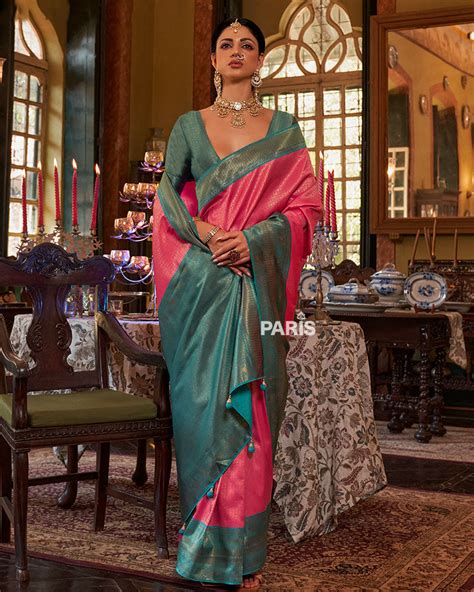 Pink and Teal Paisley Woven Border Kanjeevaram Silk Saree with Unstitc