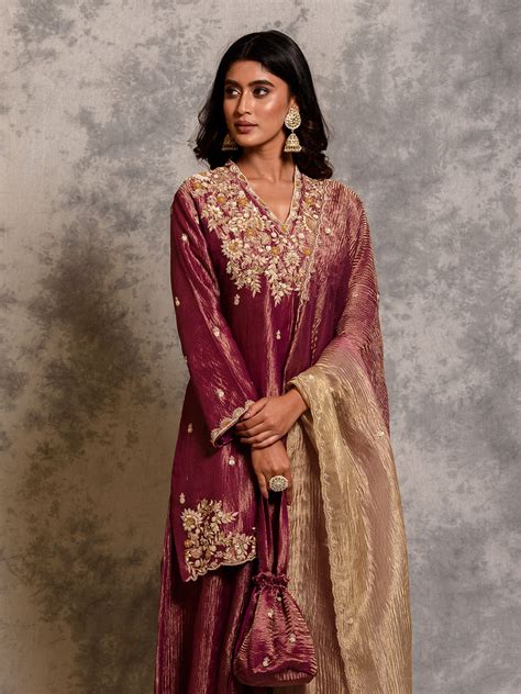 Wine Purple Tissue Sequinned Kurta Set with Dabka & Thread Work ...