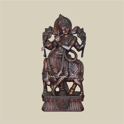 48" Exquisite Wooden Krishna Statue Carving with His Favorite Cow and