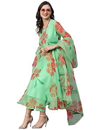 Buy GoSriKi Women's Organza Floral Anarkali Printed Kurta with Pant ...