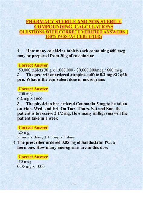 PHARMACY STERILE AND NON STERILE COMPOUNDING -CALCULATIONS QUESTIONS ...