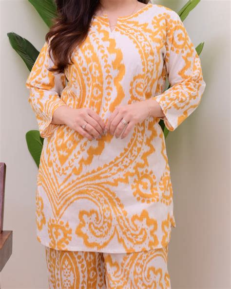 White Yellow 2 PC Pure Cotton Baroque Print Loungewear Set For Women ...