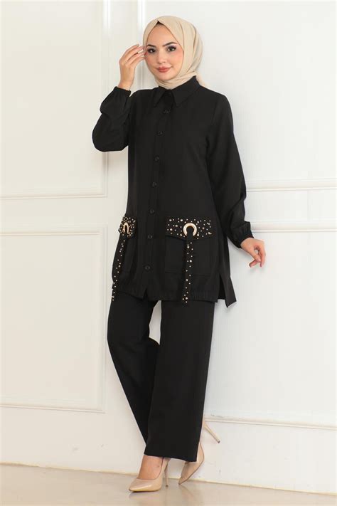Black Pocket Detail Suit - Modamihram | ElbiseBul
