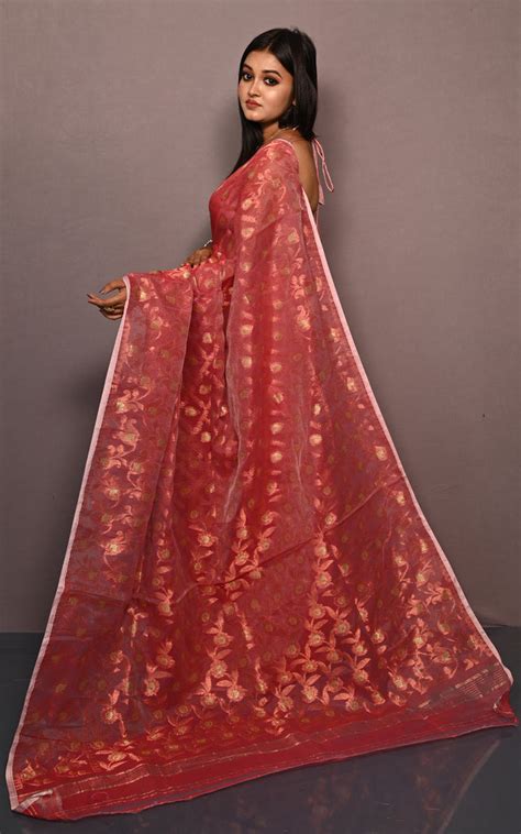 Traditional Floral Nakshi Work Soft Brocade Jamdani Saree in Muted Red ...