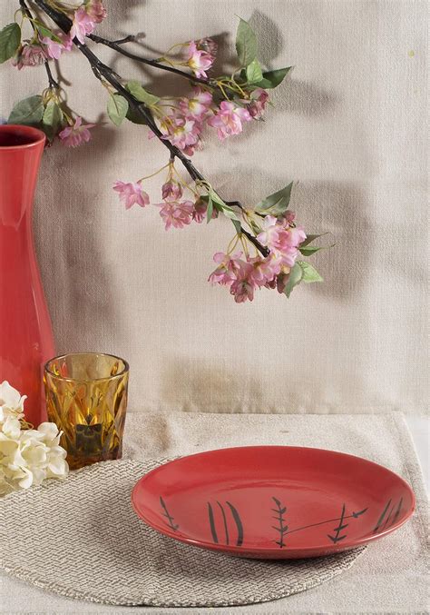Buy Caffeine Ceramic Handmade Stoneware Red Bamboo Dinner Plate 10 ...