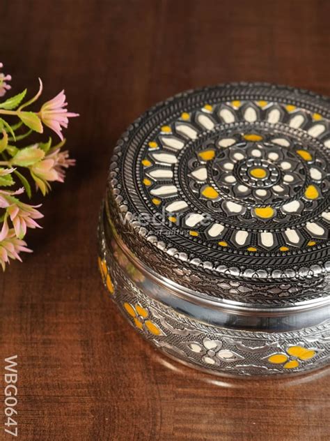 Gold White Oxidised Poori Box - 5 inches - WBG0647 – Wedtree