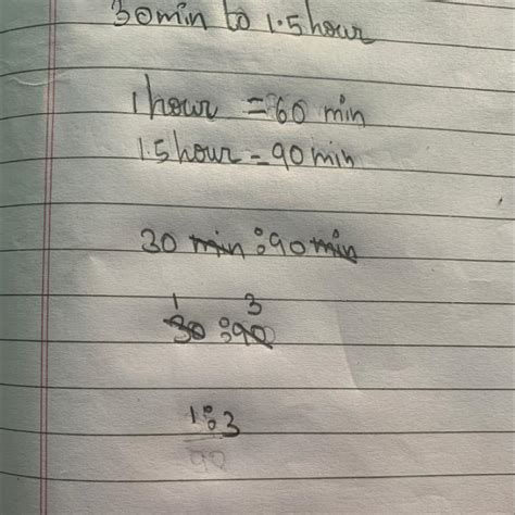Find the ratio of the following. 30 minutes to 1.5 hour - Brainly.in
