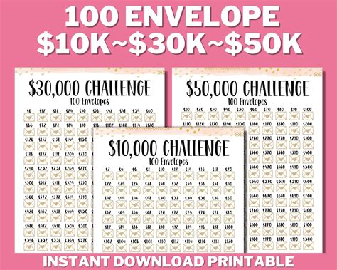 PRINTABLE 10K~30K~50K 100 Envelope Challenge Bundle, Saving Tracker, Saving Money, 100 Days ...