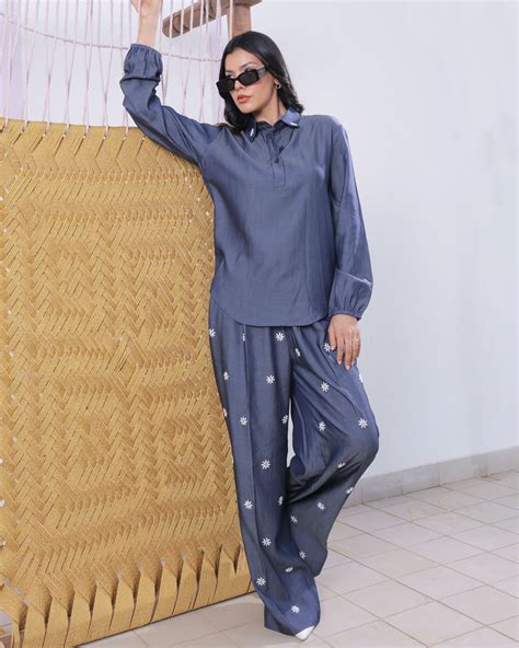 Sol Co-ord Set – Tencel Denim Shirt & Trousers with Daisy Embroidery ...