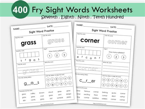 Fry Sight Words Worksheets 7th–10th 100 | Printable Literacy Practice ...