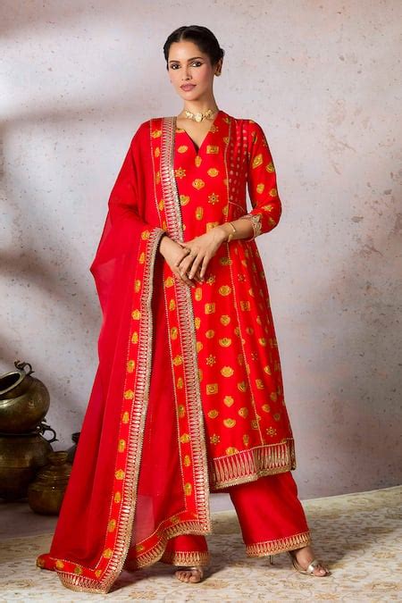 Buy Red Organza, Silk Embroidery, Zari V-neck Foil Print Anarkali With ...