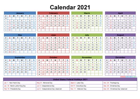 2021 Calendar Printable Free, Colorful – Monday Start – MatildaStory.com