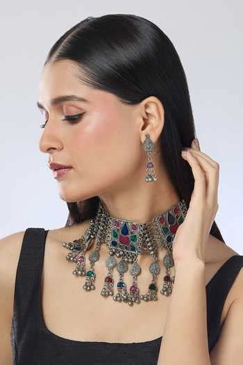 Buy Silver Plated Ghungroo, Stones Afghani Embellished Choker Necklace ...