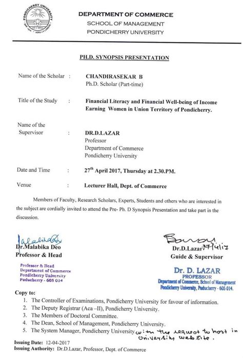 Ph.D. Synopsis Presentation of Mr.Chandirasekar B on 27th April 2017 ...