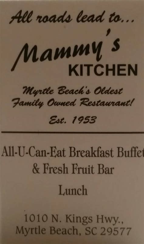 Menu at Mammy's Kitchen restaurant, Myrtle Beach, N Kings Hwy