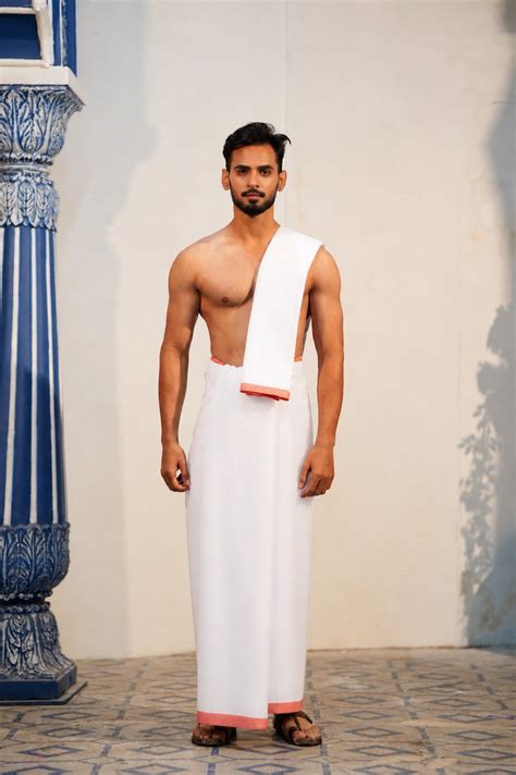 Small Square Woven Border White Cotton Dhoti (10 × 6) with Matching Kh ...