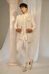 Buy Cream Velvet Embroidered Sequins Jacket With Bandhgala Set For Men ...