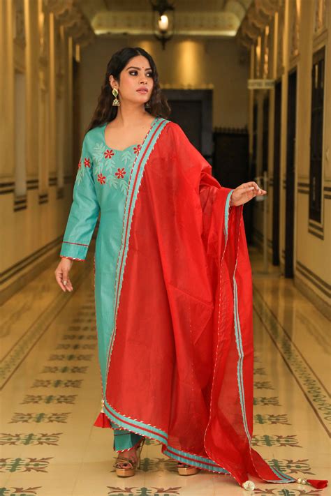 Juniper Green Embroidered Suit Set With Sangria Dupatta – Indianvirasat