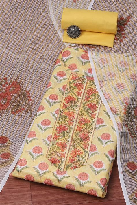 Buy Yellow Cotton Blend Unstitched Suit set Online at Biba India
