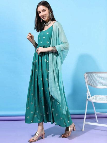 Turquoise Blue Solid Maxi Dress - Elegant Ethnic Wear for Women ...