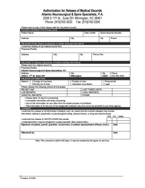 Fillable Online Release for medical records to atlantic neurosurgical ...