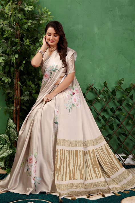 Aabha — Subtle Gold Floral Print Silk Saree – Pativrata